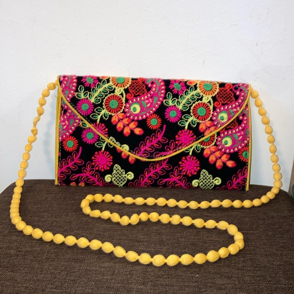 Embroidered Boho Black, Yellow, & Pink, Crossbody Purse Clutch